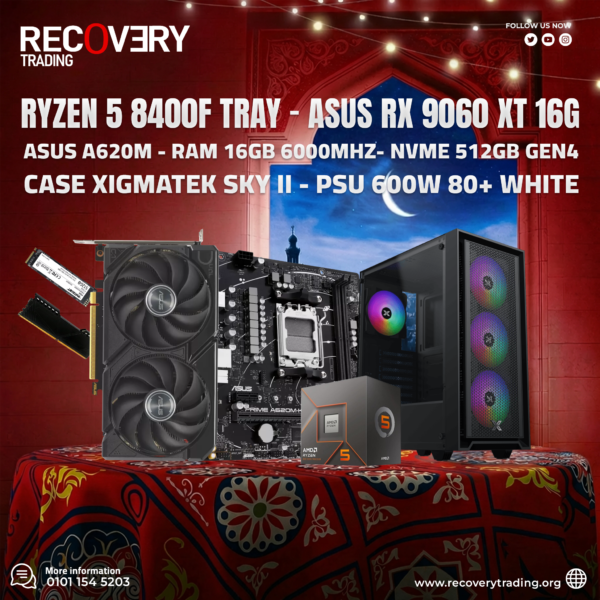 Ryzen 5 8400F - ASUS PRIME A620M-K - 16GB DDR5 6000 - 512GB NVMe - ASUS Dual RX 9060 XT 16GB - XIGMATEK SKY II - 600W PSU