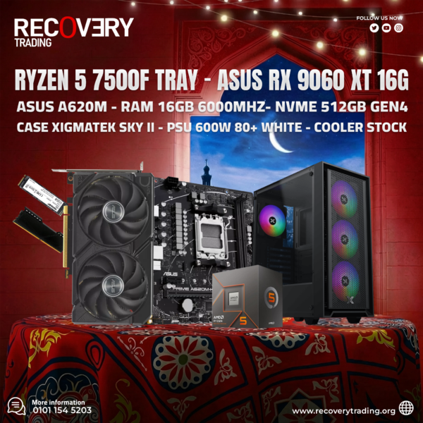 Ryzen 5 7500F - ASUS PRIME A620M-K - 16GB DDR5 6000 - 512GB NVMe - ASUS Dual RX 9060 XT 16GB - XIGMATEK SKY II - 600W PSU