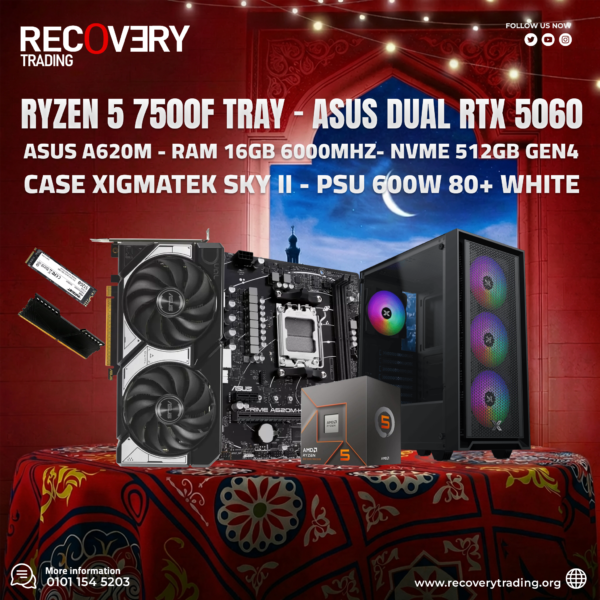 Ryzen 5 7500F - ASUS PRIME A620M-K - 16GB DDR5 6000 - 512GB NVMe - ASUS Dual RTX 5060 8GB - XIGMATEK SKY II - 600W PSU