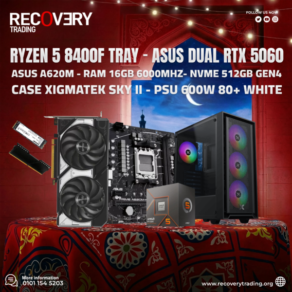 Ryzen 5 8400F - ASUS PRIME A620M-K - 16GB DDR5 6000 - 512GB NVMe - ASUS Dual RTX 5060 8GB - XIGMATEK SKY II - 600W PSU
