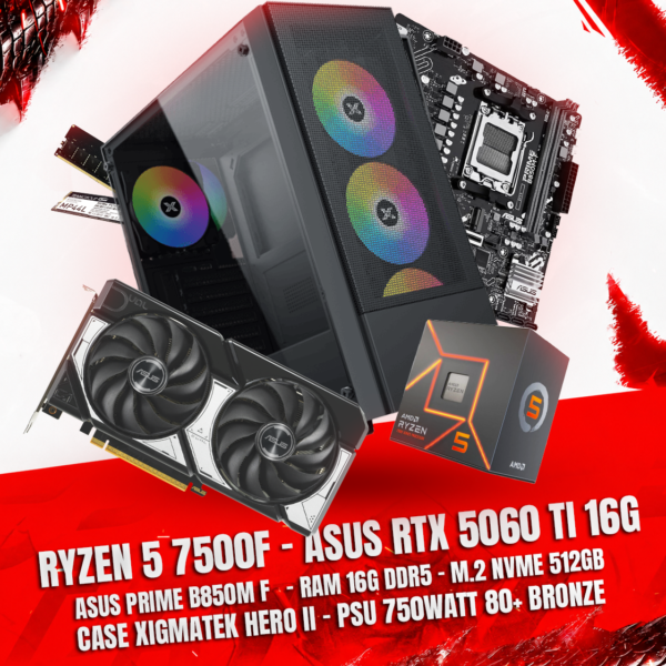 Ryzen 5 7500F + ASUS RTX 5060 Ti 16GB Gaming PC
