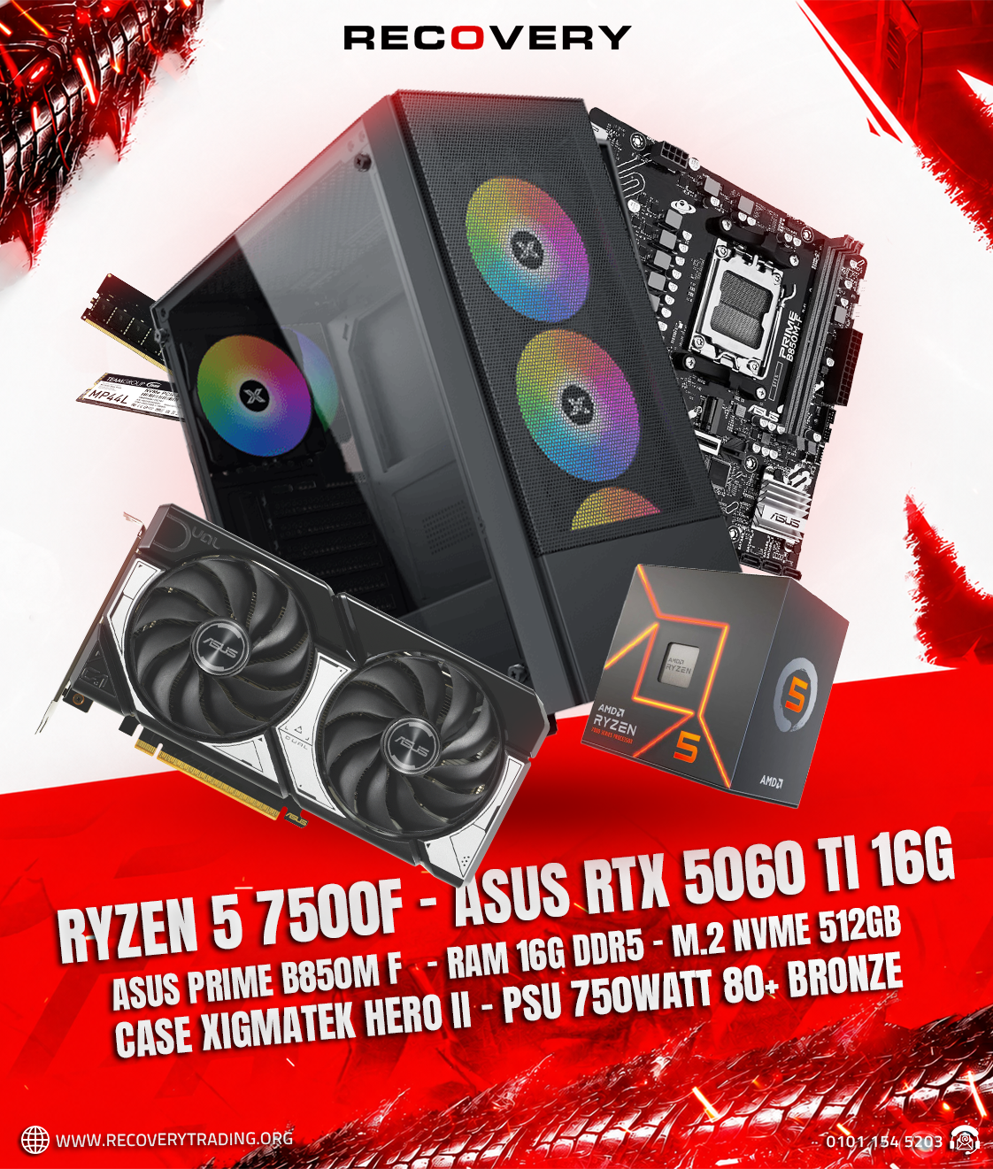 Ryzen 5 7500F + ASUS RTX 5060 Ti 16GB Gaming PC