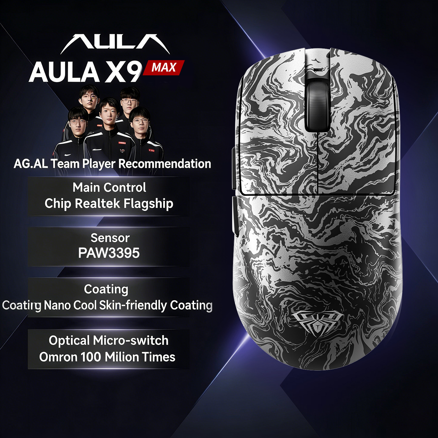 AULA X9 MAX Liquid Black Tri-Mode Wireless Gaming Mouse – PAW3950, 42,000 DPI, 8,000Hz - Image 2