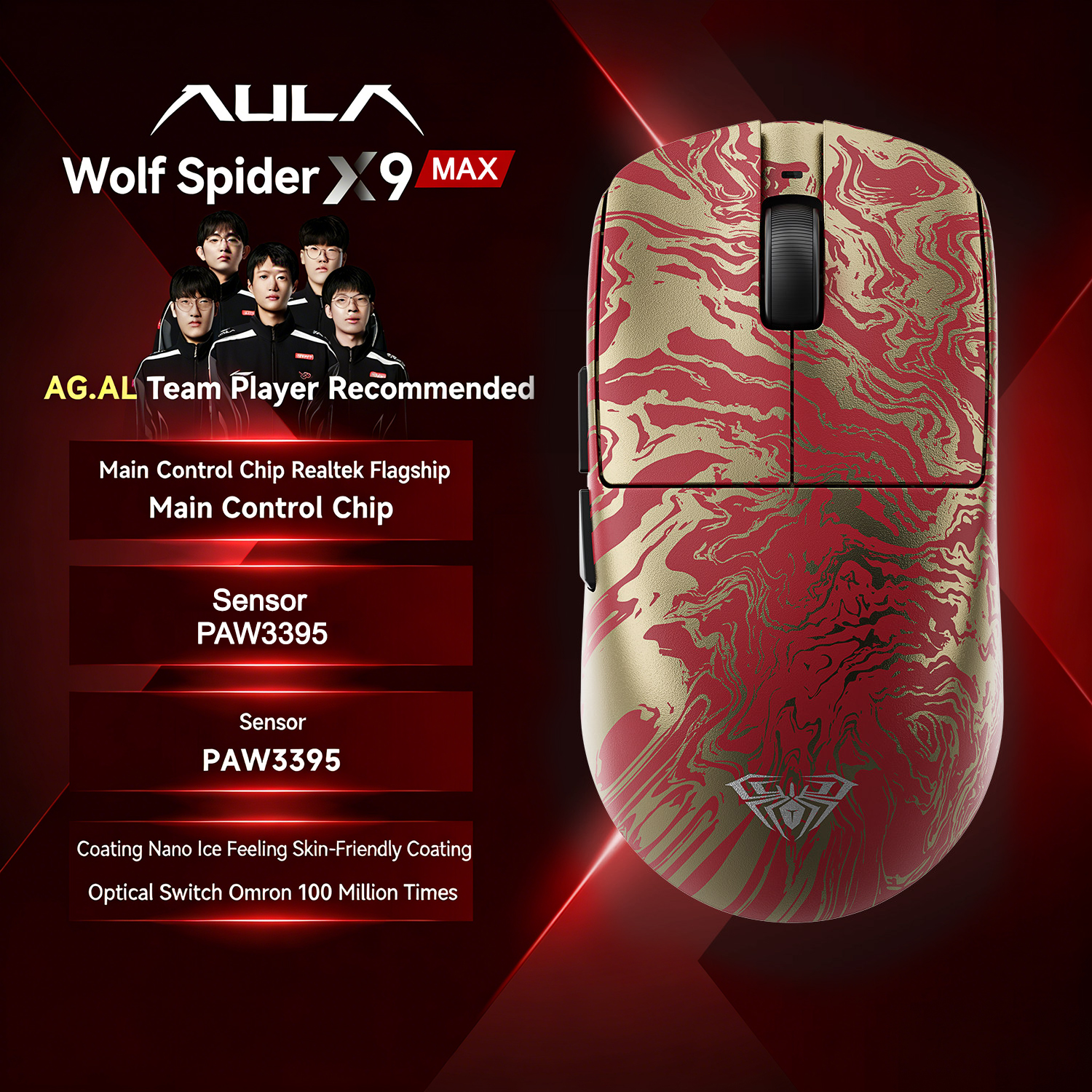 AULA X9 MAX Liquid Red Tri-Mode Wireless Gaming Mouse – PAW3950, 42,000 DPI, 49g, 8,000Hz - Image 2