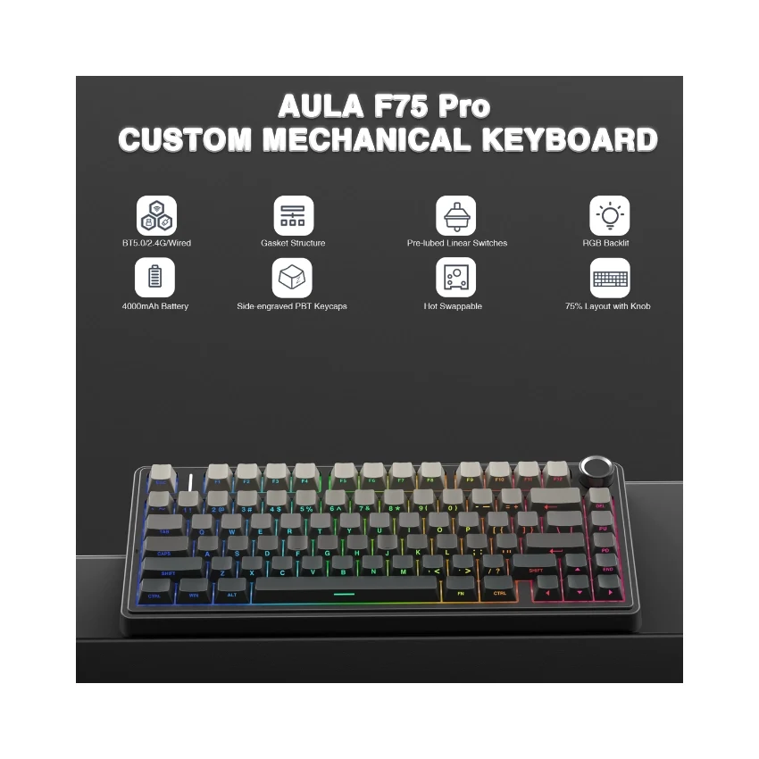 AULA F75 Wireless Mechanical Gaming Keyboard – Gradient Grey - Image 3