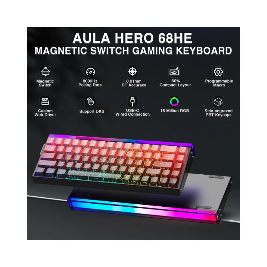 AULA HERO 68 HE Wired Magnetic Gaming Keyboard – Black & Red - Image 2